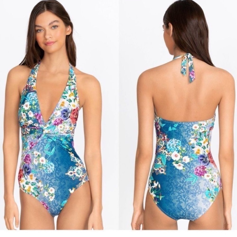 Johnny Was Blue Sady Twist-Front One Piece Swimsuit V Neck Halter 3X XL